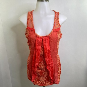 Lulumari Tank Top S Orange Sheer Lace Sleeveless Ruffle Layered Floral  Used. No
